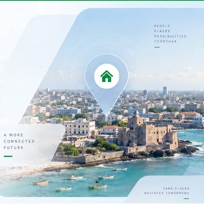 Muqdisho's seafront and old town with a KDA pin over a home, and the words People, Places, Possibilities, Together.